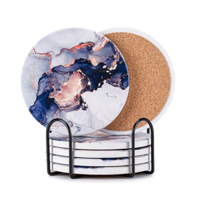 Hoewina 6Pcs Drink Coasters with Holder, Marble Style Ceramic Drink Coaster, Absorbent Coasters Set Suitable for Kinds of Cups, Modern Style Coasters for Coffee Table, 4 Inches（Render Style）