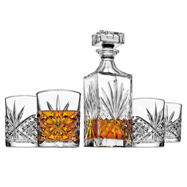 Godinger Silver 5pc Dublin Crystal Decanter Whiskey Set: Hand Wash, Dishwasher-Safe, Includes 4 Glasses, 30oz Decanter