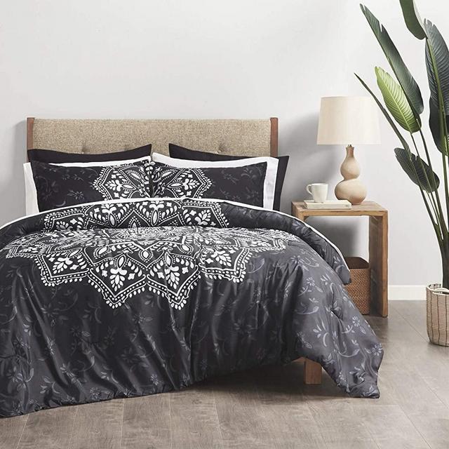Comfort Spaces Bed in A Bag - Trendy Casual Design Cozy Comforter with Complete Sheet Set with Side Pocket, All Season Cover, Matching Shams, Queen(90"x90"), Ava Reversible, Black 9 Piece
