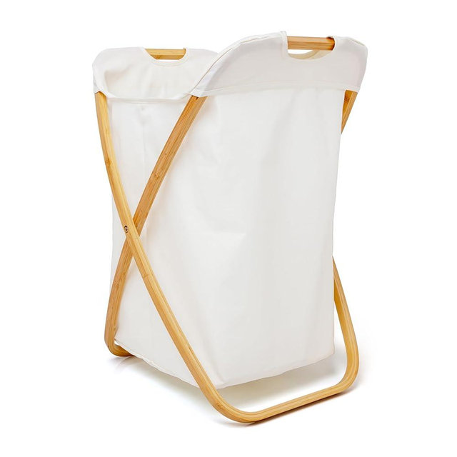 QUALIAZERO 72L Bamboo X-Frame Laundry Hamper – Foldable Single Section Clothes Basket with Removable Bag & Bottom Handle, Ideal for Bathroom, Bedroom, or Dorm (FEATHER CREAM, X-FRAME)