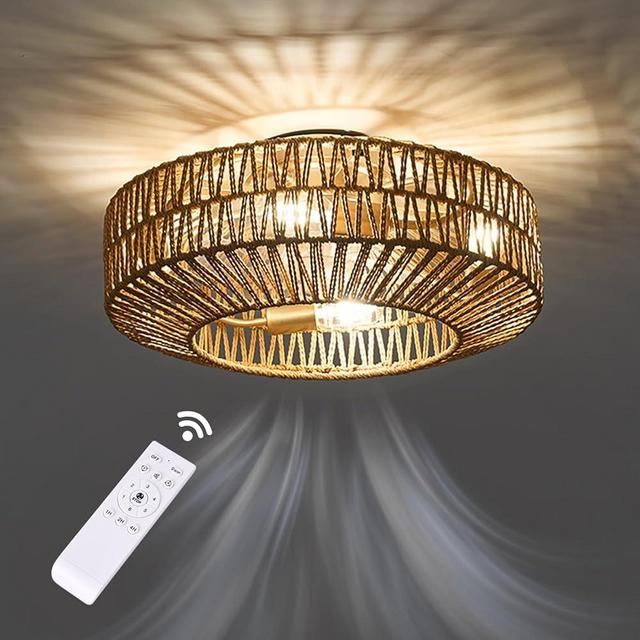 Gutenliter 20" Woven Caged Low Profile Bladeless Ceiling Fan with Light and Remote, Farmhouse Flush Mount Boho Ceiling Fans Light, Enclosed Industrial Ceiling Fan 6 Speed Reversible w/ 4 bulbs.