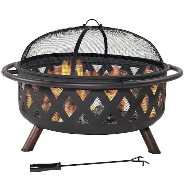 Black Cross Weave 36 in. x 24 in. Round Steel Wood Burning Fire Pit with Spark Screen