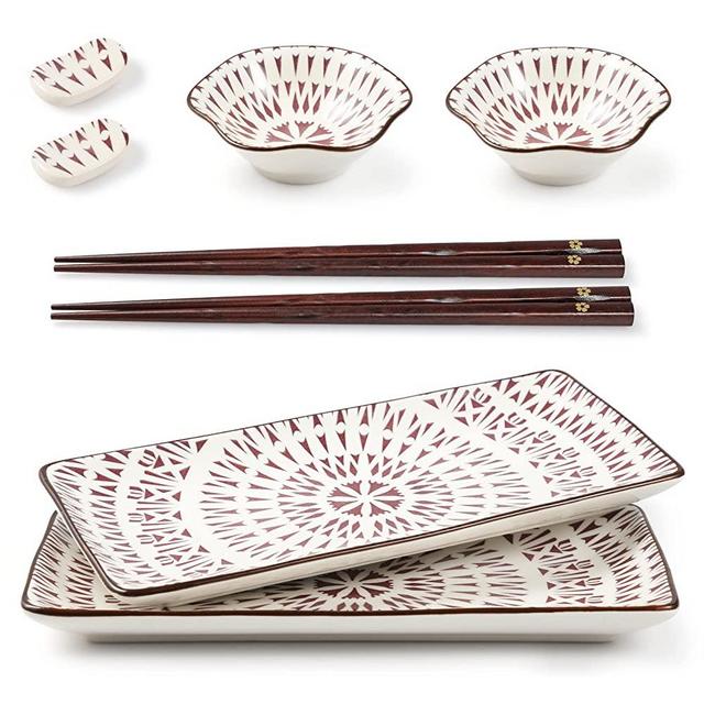 Mallyu Sushi Plates Set 8 Pcs, 10" Ceramic Sushi Dishes Serving Set, Dinnerware Sets w/ 2 Sushi Plates and Soy Sauce Bowls-2 Chopsticks and Holder, Perfect for Wedding Housewarming Gift, Sun Flower