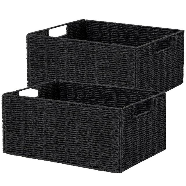 Vagusicc Wicker Storage Basket, Set of 2 Hand-Woven Paper Rope Wicker Basket, Small Storage Baskets for Organizing Toilet Paper Baskets, Foldable Large Cube Storage Organizer Bin for Shelves (Black)