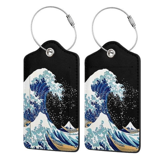 2 Pack Luggage Tags Japanese Kanagawa Ocean Great Wave Waves Suitcase Leather Privacy Cover Id Label with Stainless Steel Loop for Women Men Travel