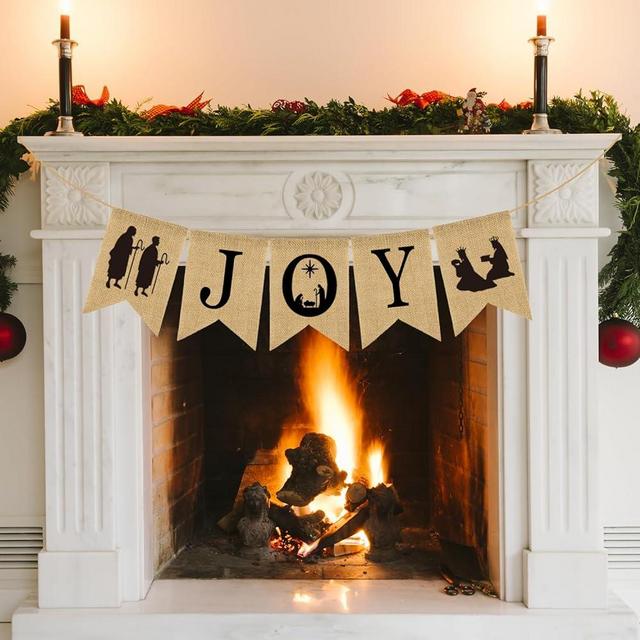 Doumeny Christmas Burlap Banner Nativity Joy Burlap Banner Nativity Scenes Bunting Banner Xmas Holiday Banner Garland Rustic Merry Christmas Hanging Banner for New Year Party Home Mantel Fireplace