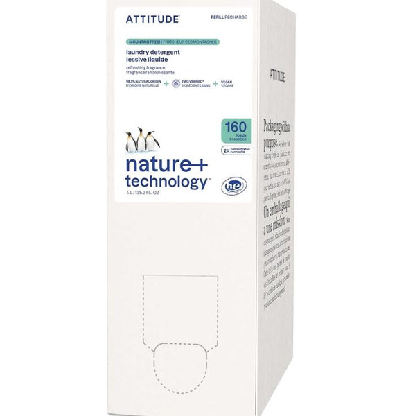 ATTITUDE Liquid Laundry Detergent Refill, EWG Verified, HE Compatible, Plant-Based & Vegan, Natural Laundry Soap, Mountain Fresh Scent, 160 Loads, 135.26 Fl Oz