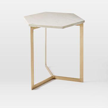 Hex Side Table, White Marble/Antique Brass