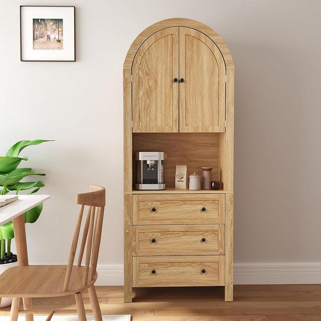 FurSch 71" Tall Arched Kitchen Pantry Cabinet with Microwave Shelf,Modern Farmhouse Hutch Cabinet with Drawers & Door,Arched Storage Sideboard Cabinet for Kitchen,Dining Room (Natrual, 71inch)