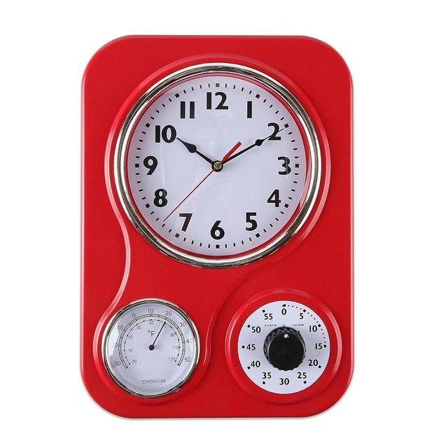 Lily's Home - 9.5 Inch x 12.5 Inch - Retro Kitchen Wall Clock, Vintage Wall Clock with a Thermometer and 60-Minute Timer, Ideal for Any Kitchen, Office, or Diner (Red)