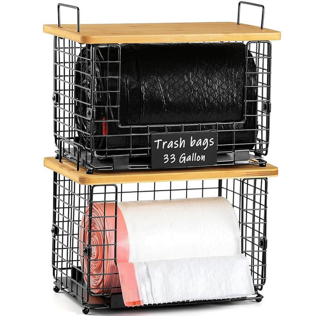 1 Pack Stackable Storage Trash Bag Baskets with Bamboo Top, Large & Standard Trash, Garbage Bag Holder Dispenser, Multiuse Basket for Kitchen Pantry Cabinet Counter Under Sink Laundry Organizing