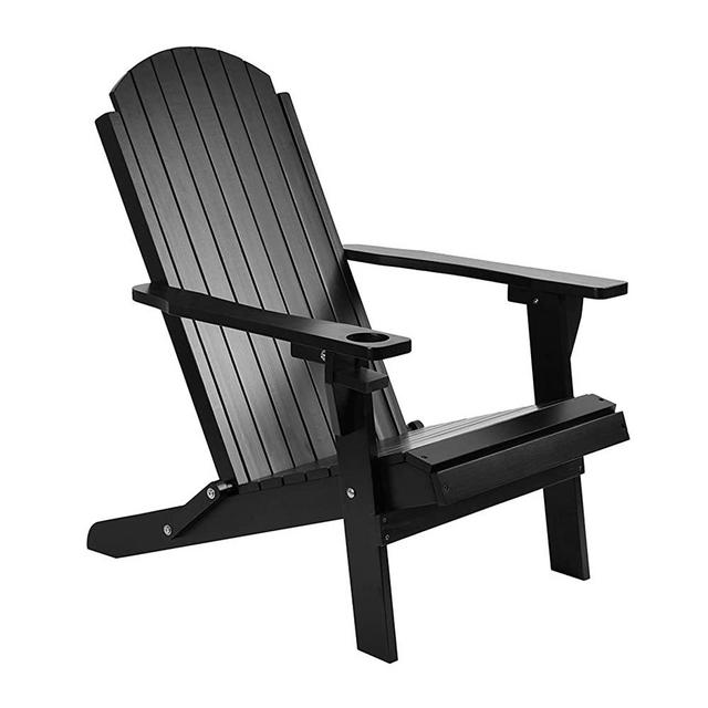 AMZFDC Folding Poly Lumber Adirondack Chair with Cup Holder, Fade-Resistant Lounge Chair with 350lbs Duty Rating, All-Weather Chair for Fire Pit & Garden, 33L 32.3W 25.2H (Black)