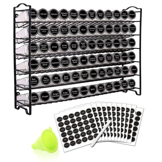 SWOMMOLY Spice Rack with 72 Empty Square Spice Jars, 340 Spice Labels with Chalk Marker and Funnel Complete Set,for Countertop,Cabinet or Wall Mount