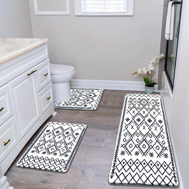HEBE Bathroom Rug Sets 3 Piece Non Slip Bathroom Shower Rugs with U-Shaped Contour Toilet Mat Absorbent Microfiber Bath Mats for Bathroom Bath Rugs Washable Shaggy Bathroom Floor Carpet