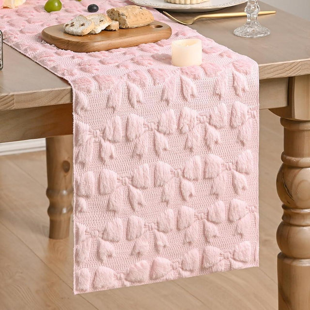 Artoid Mode Pink Soft Plush Faux Fur Jacquard Bows Table Runner, Valentine's Kitchen Dining Table Decoration for Home Party Decor 13x48 Inch