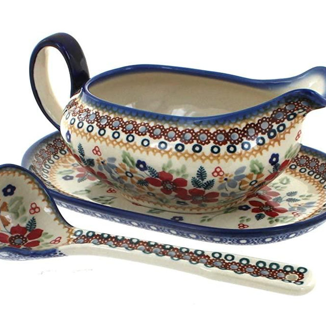 Blue Rose Polish Pottery Red Daisy Gravy Boat & Ladle