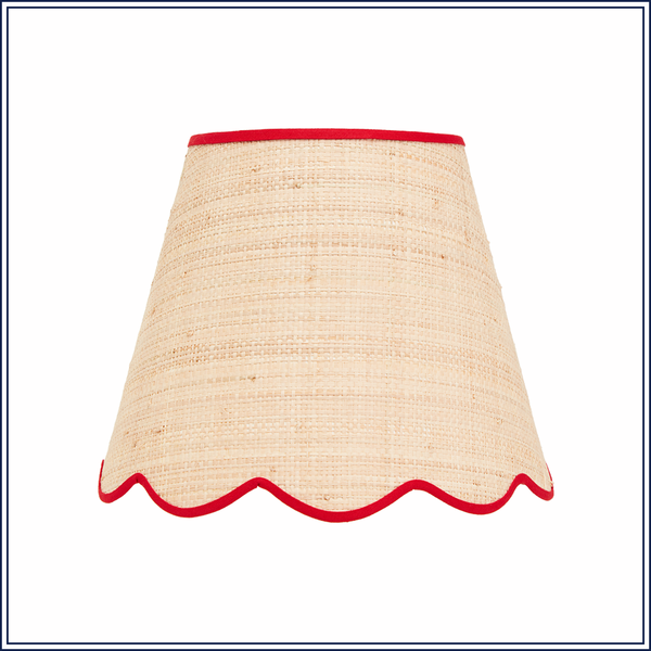 SIGNATURE SCALLOP LAMPSHADE IN RAFFIA WITH RED TRIM, SMALL