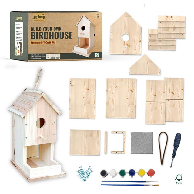 Premium Real Wood Birdhouse Kit for Outdoors, FSC Certified Solid Wood DIY Bird House| Weather Resistant with Stainless Steel Screws (No Glue Needed) | Educational Building Project for Kids & Adults