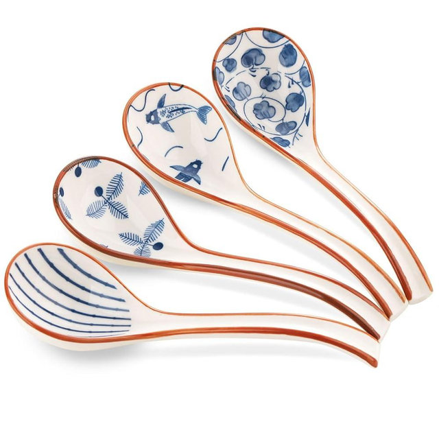 WHJY Asian Soup Spoon, Ceramic Ramen Spoon, Ramen Soup Spoon, Chinese Ceramic Spoons, Miso Soup Spoons Dumpling - Set of 4 Fish