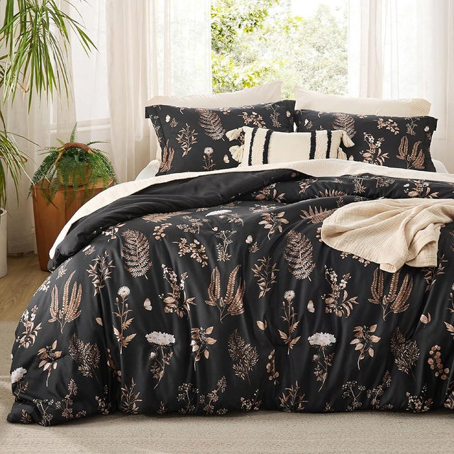 Bedsure Comforter Set Queen Size - Floral Bedding Comforter Set, 3 Pieces, 1 Soft Black Comforter and 2 Pillow Shams