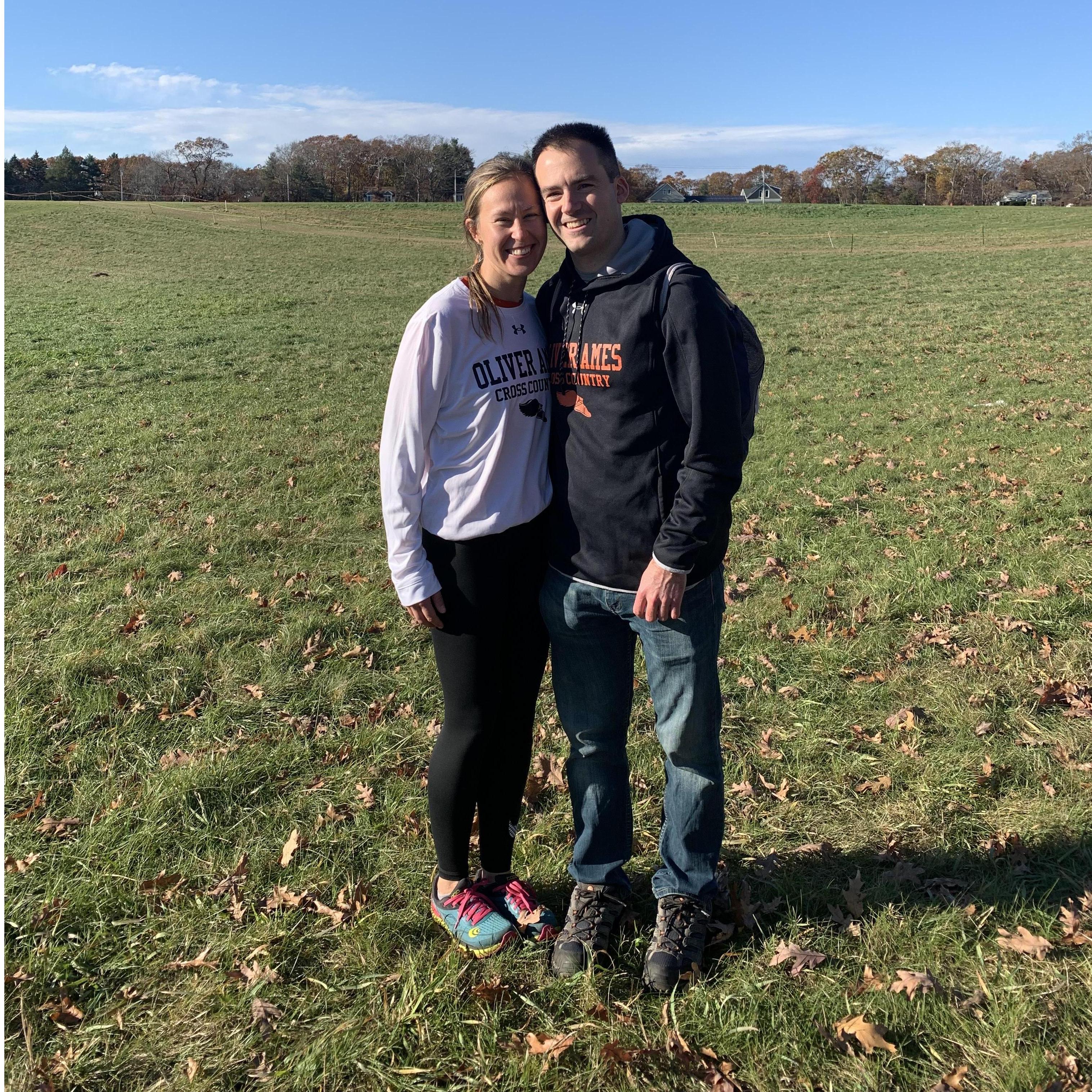 Allison coaching and Brian cheering at an Oliver Ames cross country meet.