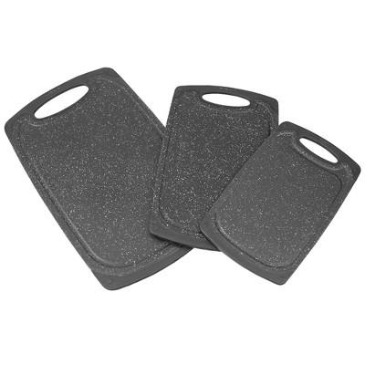 Home Basics 3 Piece Double Sided Granite Look Non-Slip Plastic Cutting Board Set with Deep Juice Groove and Easy Grip Handle, Black