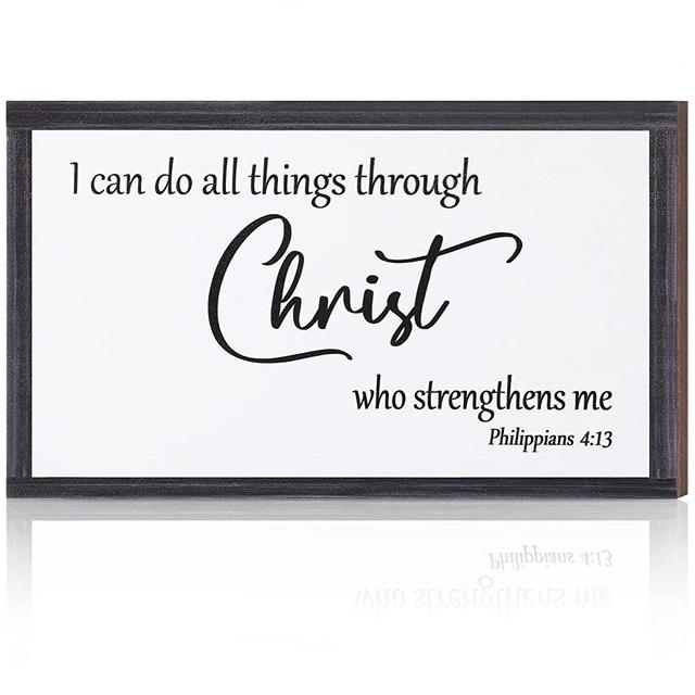Inspirational Wooden Hanging Wall Plaque Christian Wall Art I can do All Things Through Christ who Strengthens me Religious Wood Bible Verse Sign Decor for Living-room Bedroom, 10 x 6 x 0.2 Inch