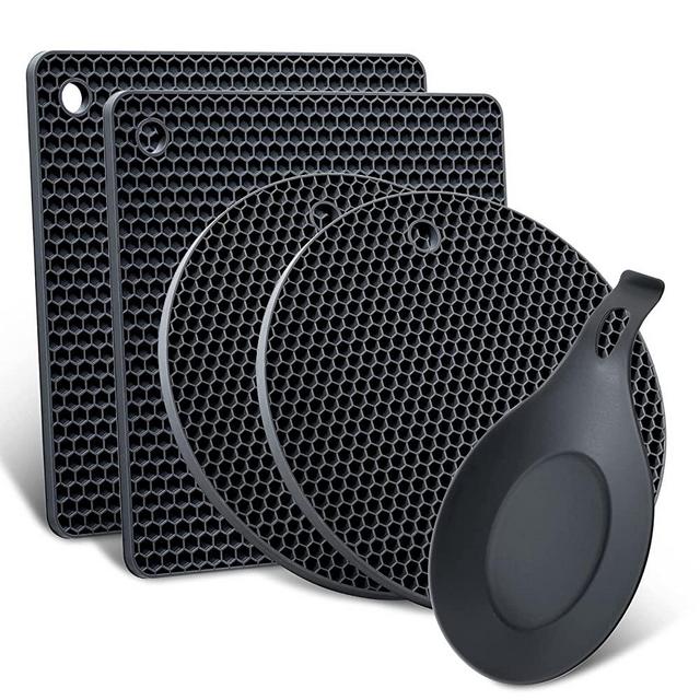 POLARISTAR Multi Purpose Silicone Trivet, Flexible Pot Holders for Kitchen Heat Resistant, Square and Round Mats for Hot Pots and Pans, Insulated Non-Slip Hot Pads for Hot Dishes, Light Black