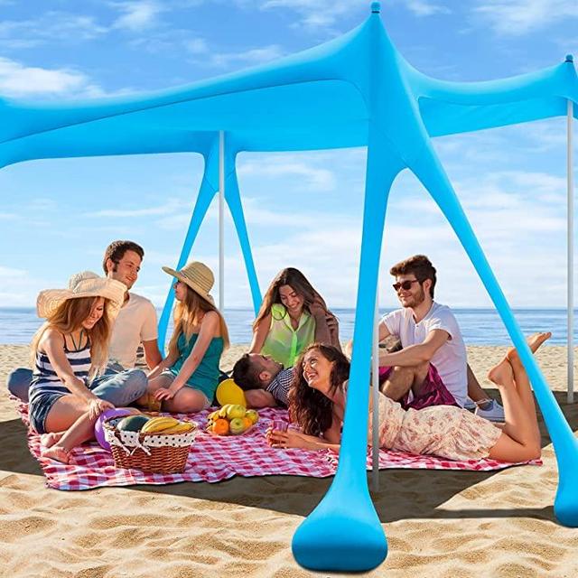 Easoger 10×10ft Large Beach Canopy, 6.5ft Tall Windproof Beach Tent with 8 Sandbags 4 Poles, Easy Setup UPF50+ Outdoor Beach Shade with 3 Sand Shovels ＆ 1 Portable Travel Bag, for Beach Camping Fun