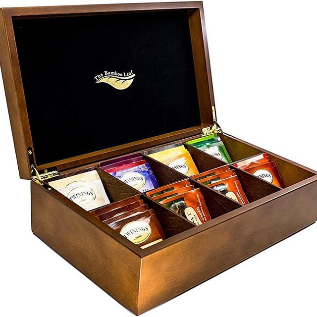 The Bamboo Leaf Tea Box Storage Organizer for Tea Collections, 8 Compartment w/Solid Lid (Walnut)