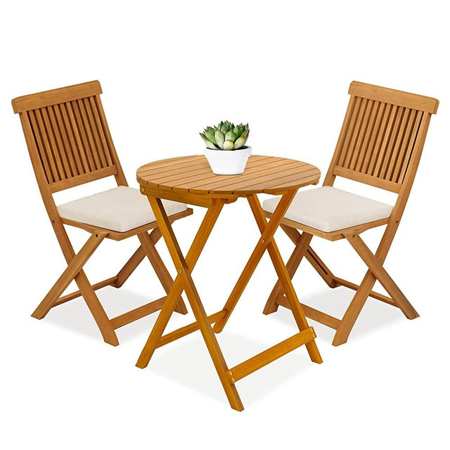 Idzo, Teak Finish Heavy Duty FSC Certified Acacia Wood 3 Piece Bistro Set, 400lbs Capacity Folding Patio Chairs w/Cushion for Backyard Balcony Deck, Round Table