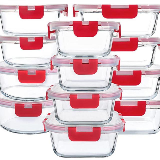 24-Piece Glass Food Storage Containers with Upgraded Snap Locking Lids,Glass Meal Prep Containers Set - Airtight Lunch Containers, Microwave, Oven, Freezer and Dishwasher, Red
