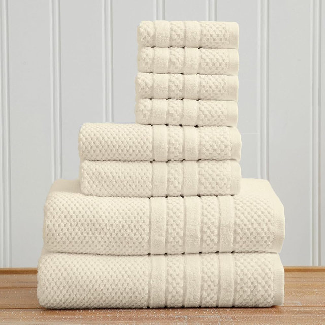 Great Bay Home 100% Cotton 8 Piece Towel Set - Absorbent, Quick-Drying, Checkered Jacquard Bath Towels for Bathroom - Zero-Twist Fibers (Ivory)