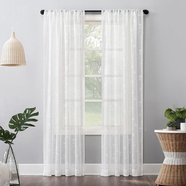 No. 918 Delia Embroidered Floral Sheer Rod Pocket Curtain Panel, 50" x 84", Ivory Off-White