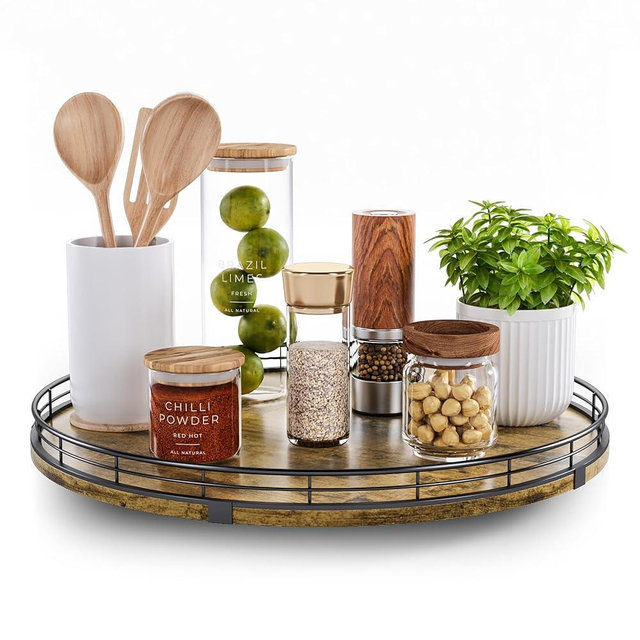 Lazy Susan Turntable Organizer for Table Top, 16’’ Round Wooden Lazy Susan for Cabinet Kitchen Countertop Pantry Dining Coffee Table for Condiments Spices, Rustic Bathroom Vanity Tray for Soap Candle