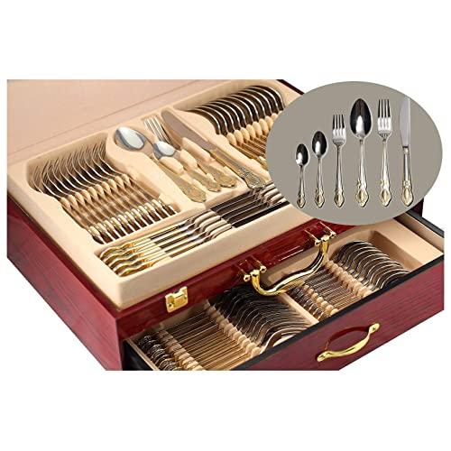 Venezia Collection Gold Flatware Serving Set for 12, 75-Pc Luxury Dining Silverware Cutlery Service, 24 Kt 18/10 Premium Surgical Stainless Steel Hostess Set in a Wooden Storage Case Chest