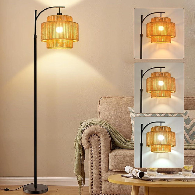 QIYIZM Floor Lamp for Living Room Bedroom Boho Rattan Arc Standing Lamp with Remote Dimmable Black Farmhouse Wicker Bamboo Lamp Shade Floor Light Tall Lamp Industrial Floor Lamps Bohemian Decor