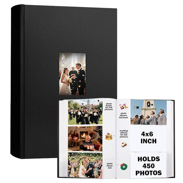 Ruibytree Photo Album 4x6 450 Photos with Writing Space,PU Leather Cover with Front Window Picture Album,4 x 6 Photo Book for Wedding Kids Travel Family Baby Vacation Couple (Black)