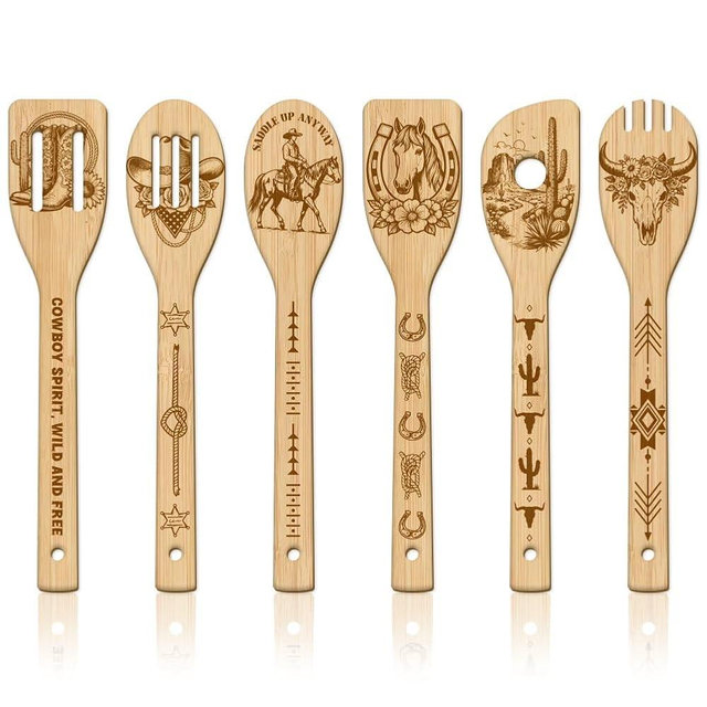 GLOBLELAND 6Pcs Western Cowboy Wooden Spoons Utensil Set Horse Boots Bamboo Carving Kitchen Cooking Utensils Wooden Engraved Cooking Spatula Sets for Kitchen Fun House Warming Gift