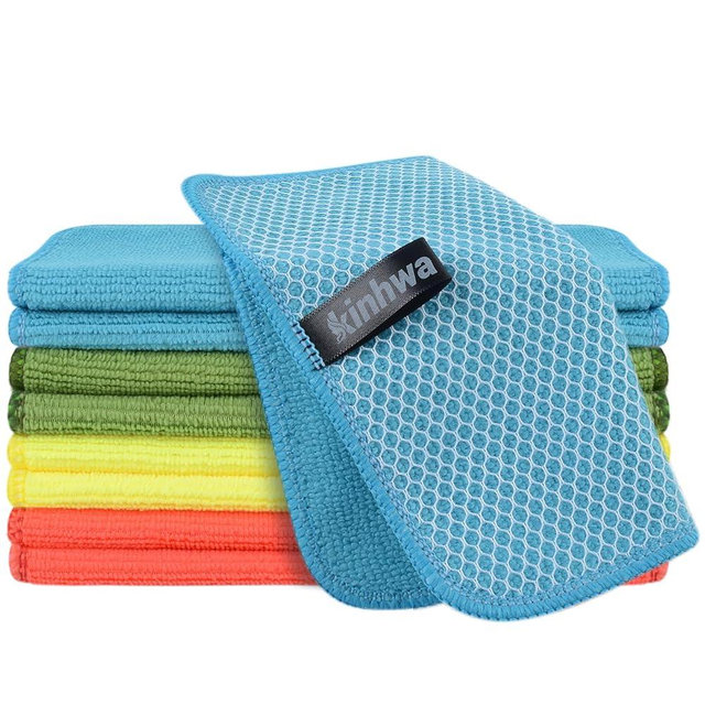 KinHwa Kitchen Washcloths for Dishes Absorbent Microfiber Dish Cloths Quick Dry Dish Rags with Poly Scour Scrub Side Ideal for Kitchen Cleaning (Mixing Colors #1, 7inchx7inch 9 Pack)