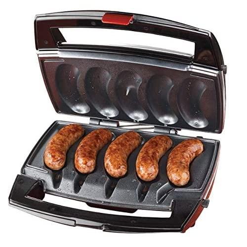 Johnsonville Sizzling Sausage Grill – Sear 1-5 Sausages and Brats to Perfection in 10-15 Minutes – Removable Cooking Plates – Dishwasher Safe – Temperature Probe – Golden Brown Grilling