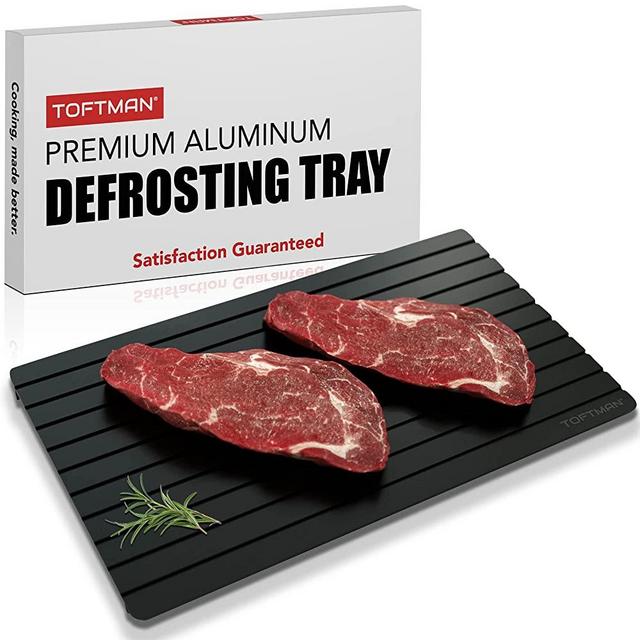 TOFTMAN Meat Defrosting Tray - Thaw Frozen Food Defrost Plate - Rapid Thawing Defroster Trays - Thaw Food Fast, Quick and Easy - Large Metal Defrosting Board for a Natural Thaw - Includes Drip Tray