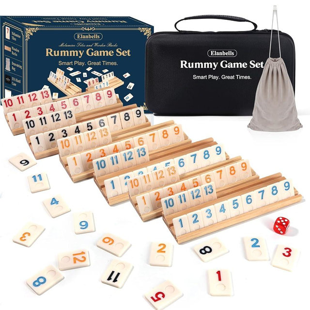 Elanbells Upgraded 2-6 Players Rummy Cube Board Game Set with 6 Wooden Racks, 160 Tiles, Portable Case, Drawstring Bag and Dice, for Adults Friends Night Gifts Travel Party Sharpens Brain