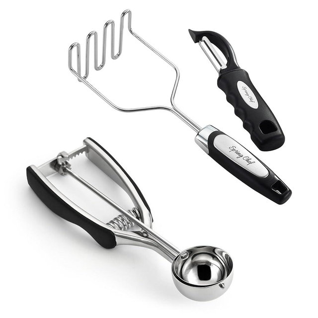 Spring Chef Potato Masher and Swivel Peeler Set & Multifunctional Stainless Steel Medium Cookie Scoop - 2 Product Bundle - Black