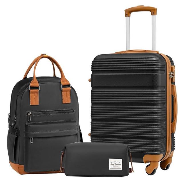 LONG VACATION Luggage Set 20 IN Carry on Suitcase ABS Handshell Luggage 3 Piece Set with TSA Lock Spinner Wheels (3 piece set (BP), BLACK-BROWN)