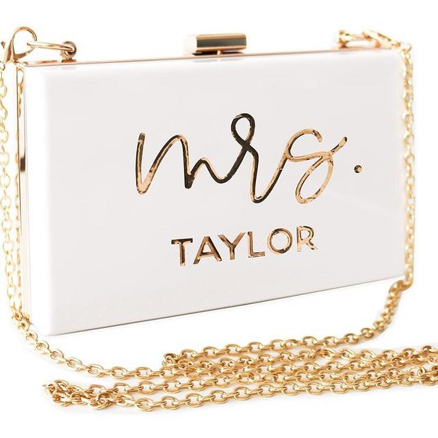 ModParty Mrs Personalized Clutch Purse | White & Gold Acrylic Bride Purse | Engagement, Bridal Shower Gift for Bride| Honeymoon Accessory | Crossbody with Removable Chain