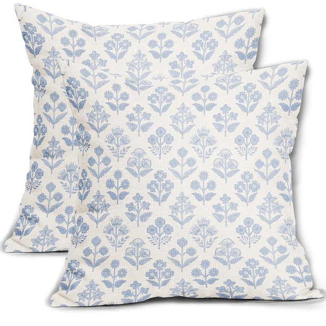Baby Blue Floral Pillow Covers 18x18 Inch Set of 2, Vintage Flower Block Print Pattern Decorative Throw Pillowcases Outdoor Farmhouse Cushion Covers Spring Summer Rustic Sofa Couch Bed Decor
