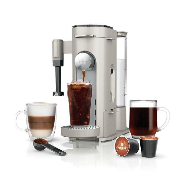 Ninja Pod & Grounds Specialty Single-Serve Coffee Maker, Compatible with K-Cup Pods, Brews Grounds, Built-In Milk Frother, 56-oz. Reservoir, 6-oz. to 24-oz. Mug Sizes, Stone, PB051ST (Renewed)