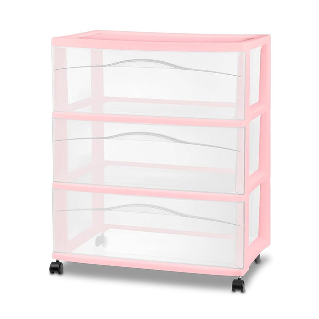 Sterilite Wide Storage Cart, 3 Clear Drawer Plastic Organizer with Wheels, Pink Frost Frame - Rolling Unit for Craft Supplies or Home Accessories