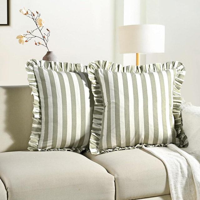 CPC Grey Striped Hand Block Print Cotton Ruffle Decorative Throw Covers with Hidden Zipper 18" x 18" Set of 2 Home Decor Pillowcases for Bed, Sofa, Couch, Living Room Gift Spring, Easter